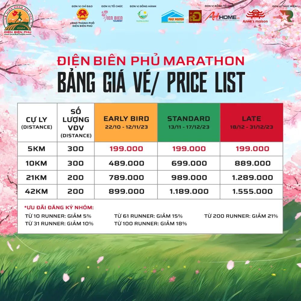 Bảng giá vé Giải chạy Điện Biên Phủ Marathon 2024 - Về Miền Pháo Đài Hoa